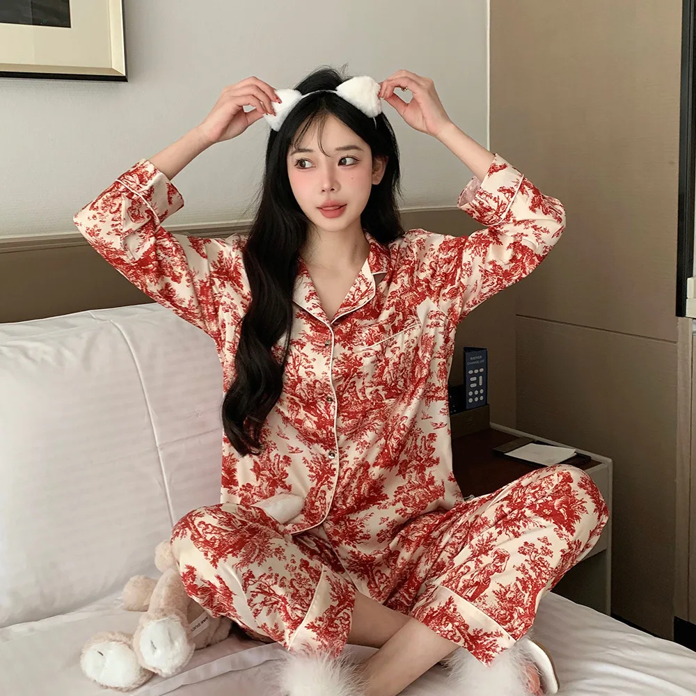 빨간색 세트 여성복 빨간색 아이스 실크 얇은 긴팔 여성 세트 여성복 봄 여름 여성용 세트 여성복 빨간색 세트