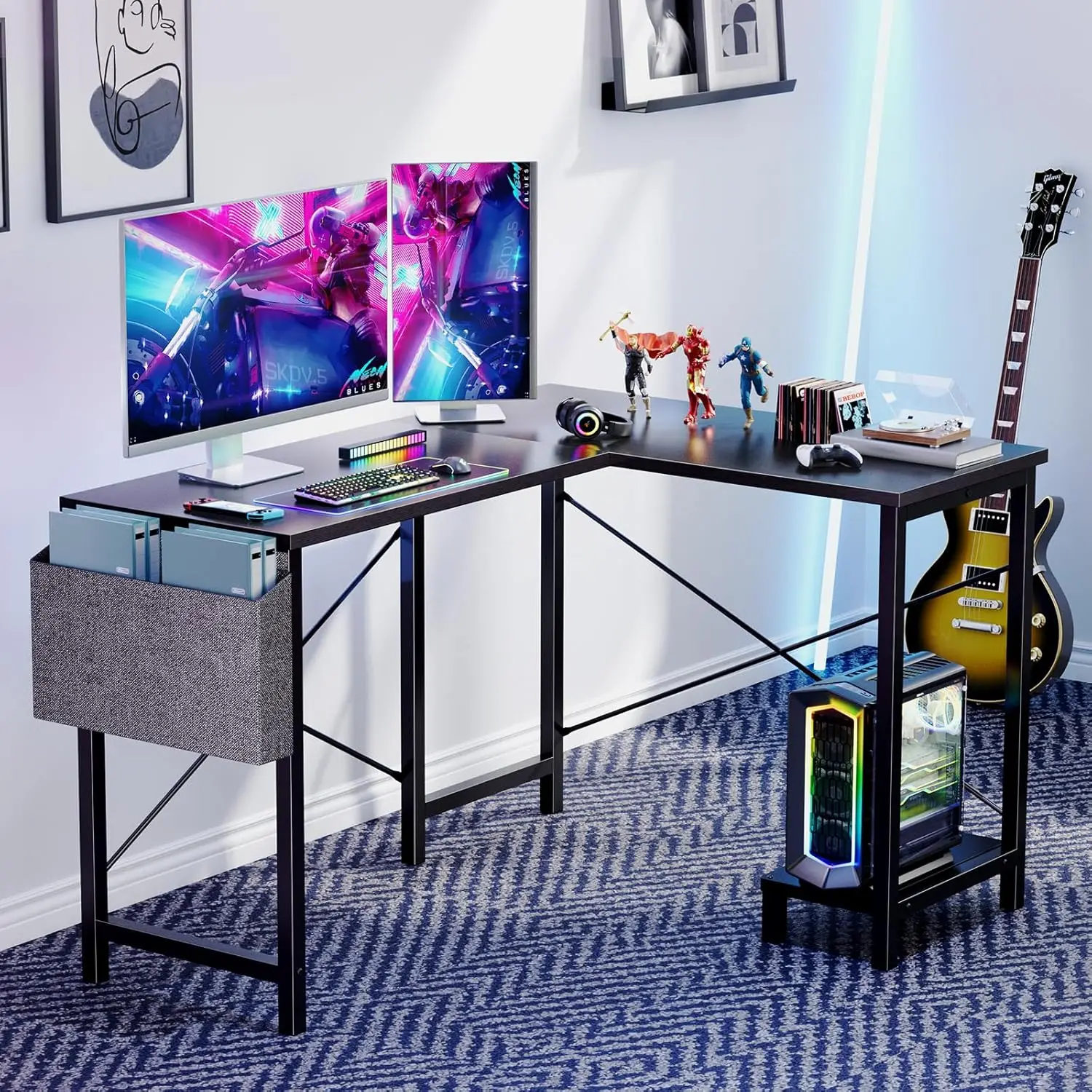 L Shaped Computer Desk - Gaming Table Corner Desk 50 Inch PC Writing Black Desk Study Desks w/ Wooden Desktop CPU Stand Side 4