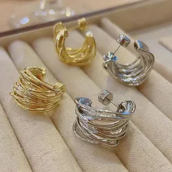 Gold Color Multilayer Round Stud Earrings for Women Geometric Stainless Steel Twisted Circle Earrings Wedding Jewelry Gifts