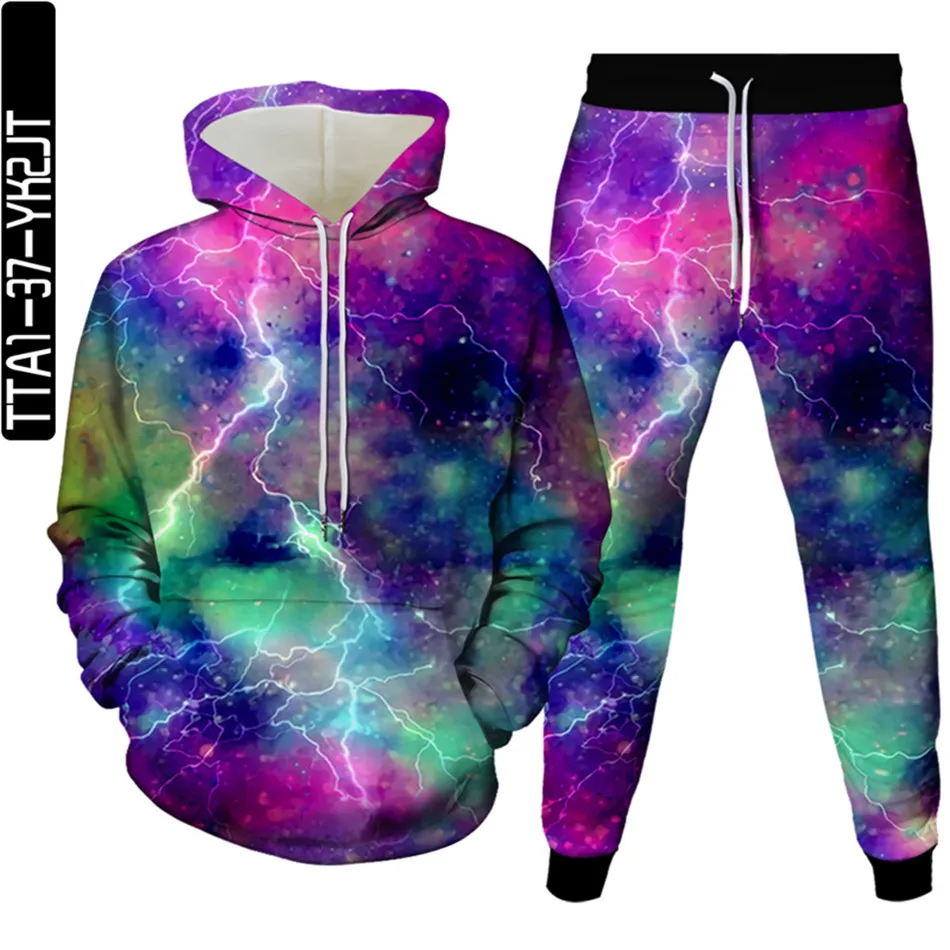 

Fall Spring Men 2Pc Set Clothing Harajuku Galaxy Planet Lightning 3D Print Tracksuit Women Casual Hoodie+Trouser Plus Size S-6X