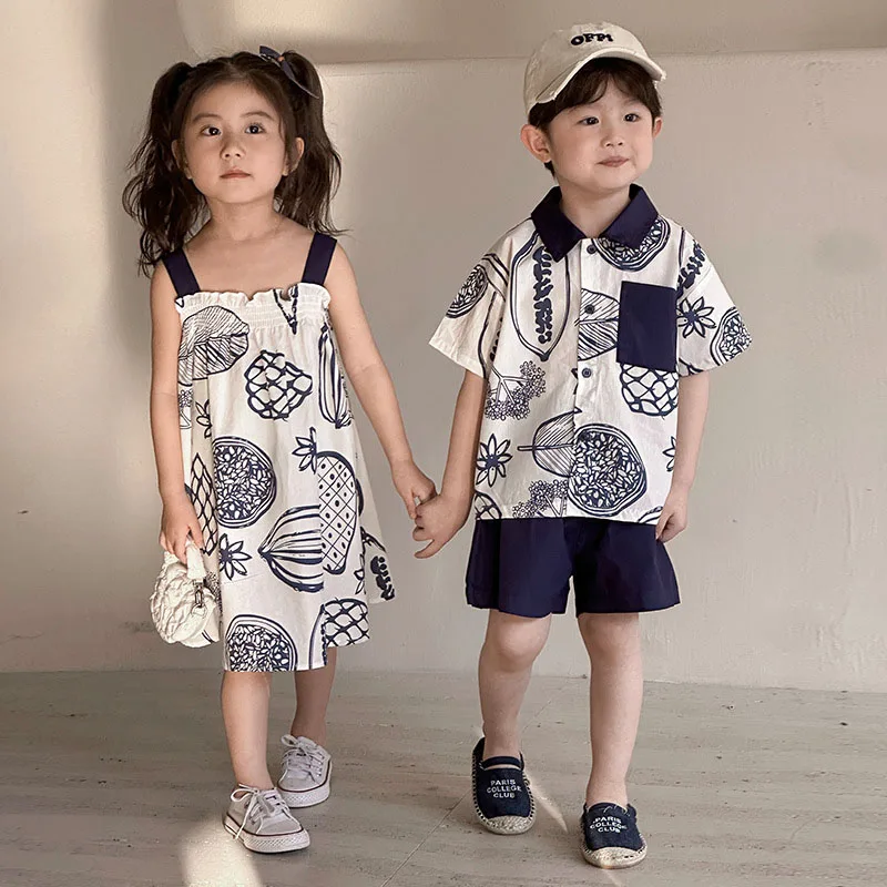 MILANCEL New Summer Kids Clothes Set Boys Cartoon Fruit Shirt+ Solid Color Shorts Girls Suspenders Dress