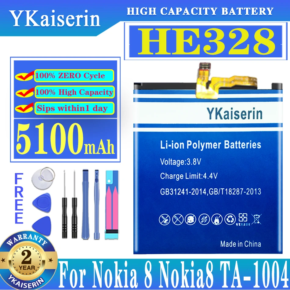 

Аккумулятор ykaisсеребрин HE328 5100 мАч для Nokia 8 Nokia8 TA-1004 N8 H 328 батареи + Бесплатные инструменты