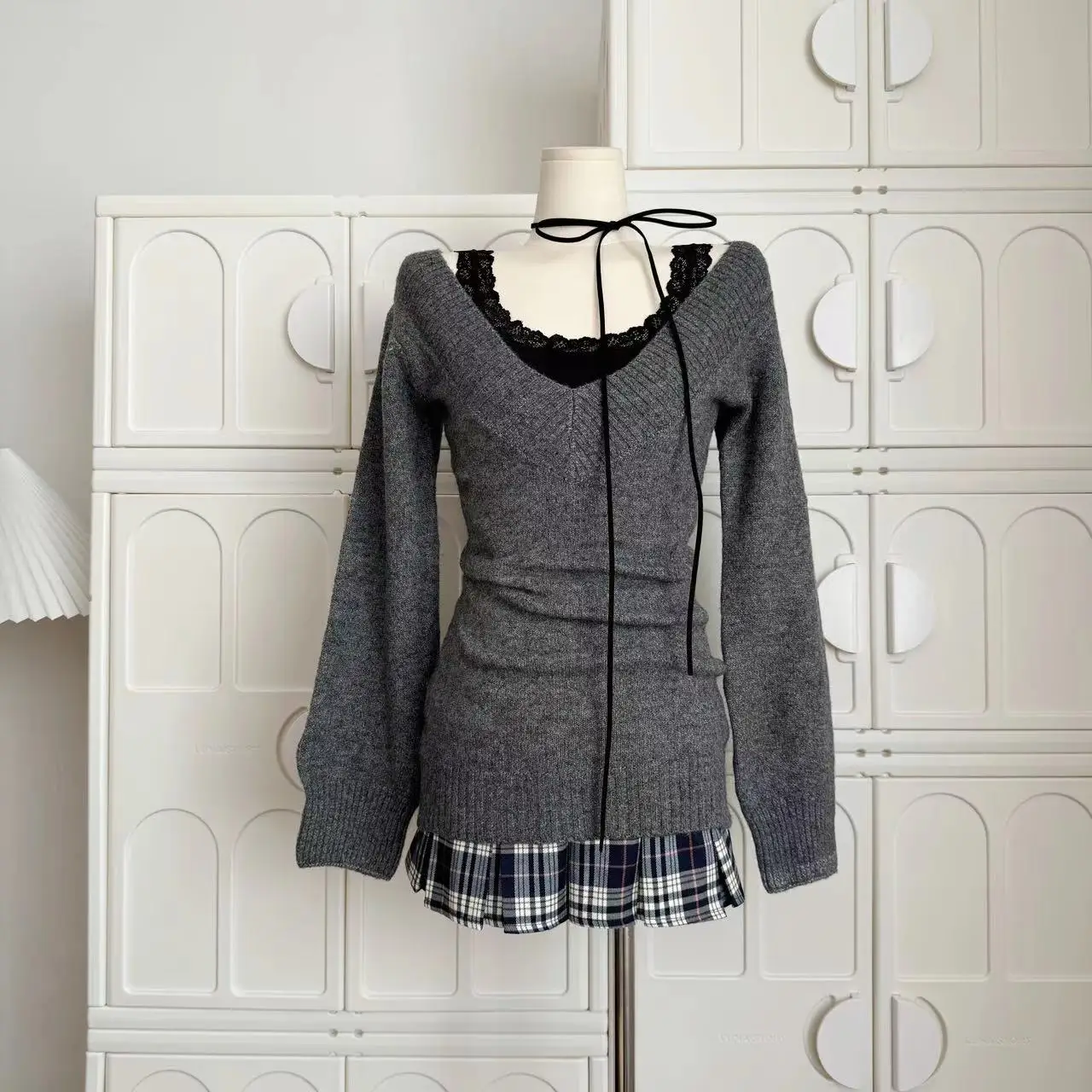 Autumn Winter Woman Gyaru V-neck French Vintage Sweater Long Sleeve Pullover Knitwear Mini Skirt 2000s Aesthetic 3-piece Outfits