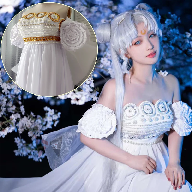 New Princess Cosplay Costume White Silver Golden Moon Dress Wings Bow  Sleeves Set Custom Made For Christmas Halloween Game Party - AliExpress  200000532