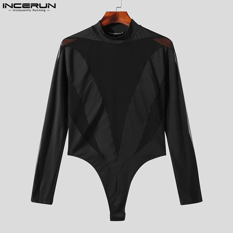 INCERUN Men Bodysuits Mesh Patchwork Transparent Turtleneck Long Sleeve Rompers T Shirt Men Streetwear men bodysuits,men jumpsuits,men lingerie