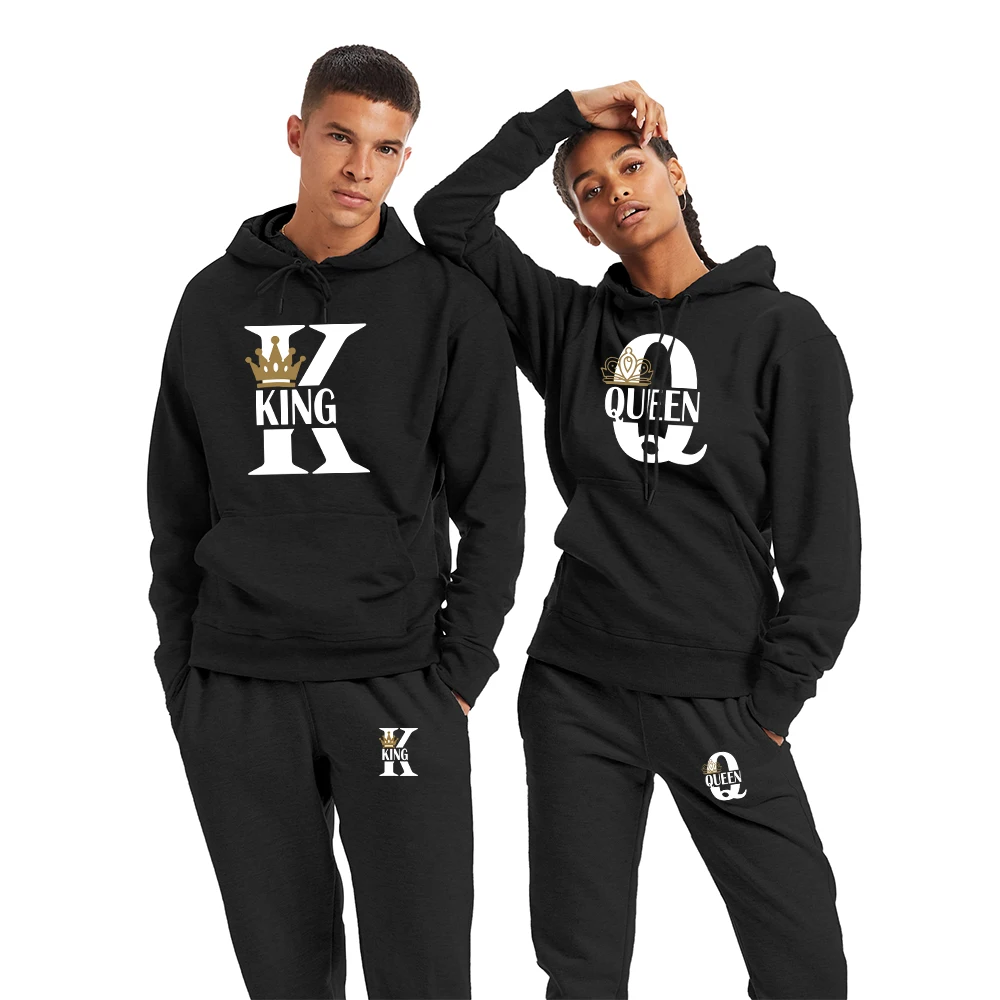

Men's King Queen Print Hoodies Set Women's Unisex Lover Couples Hooded Tops and Sweatpant Sport Solid Jogging Sweatshirt Suit