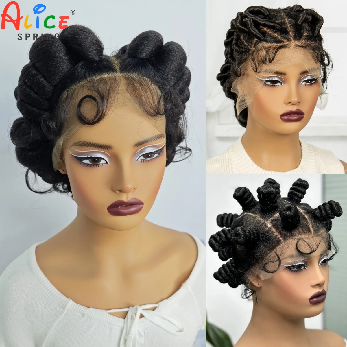 3 Style Full Lace Braided Wigs Handmade Bantu Braided Wigs Synthetic ace Front Braided Lace Wigs with Baby Hair for Black Women