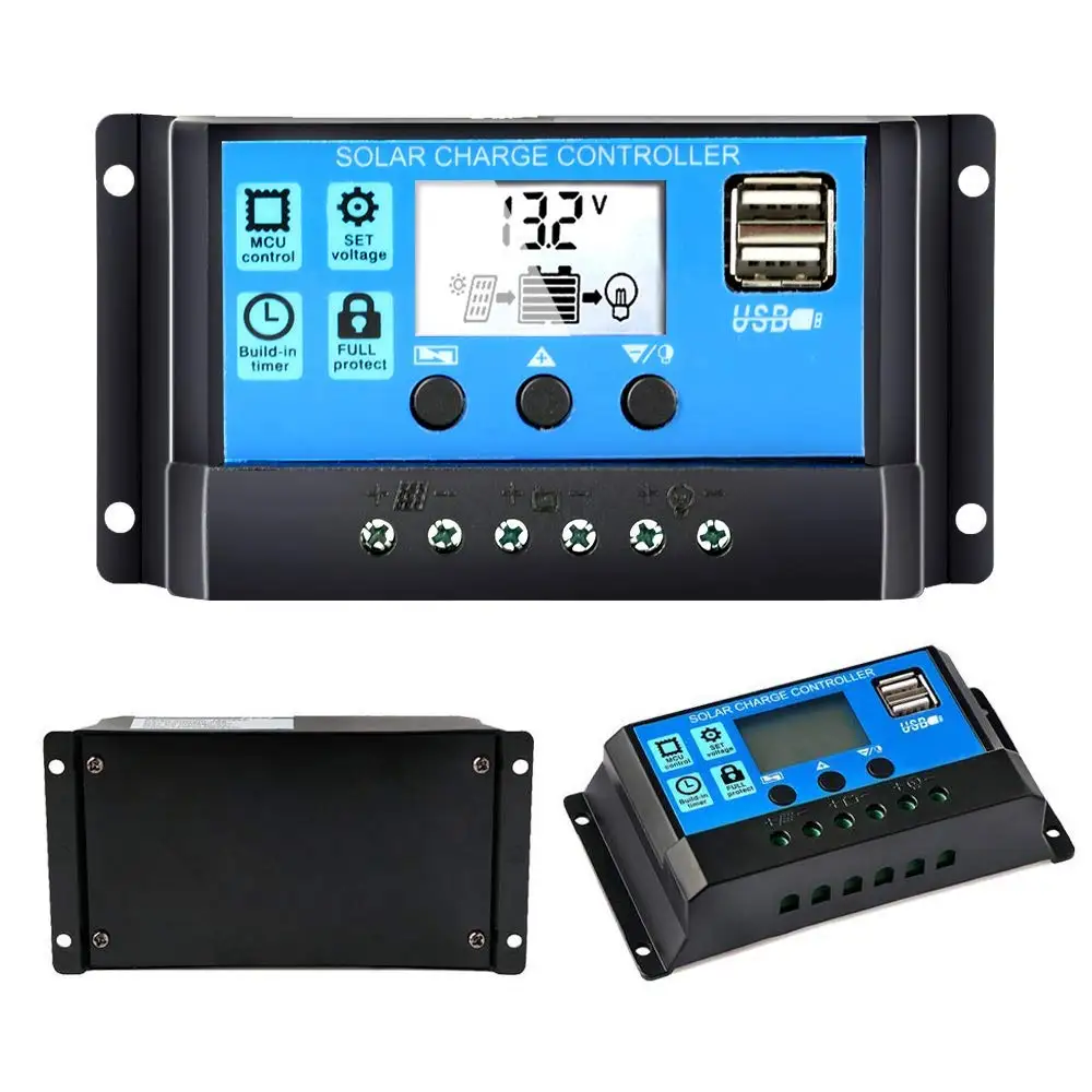 Pwm 30a 20a 10a Zonne-Energie Lading En Ontlading Controller 12V 24V Auto Lcd Display Zonne-Energie Regelaar Met 5V Dual Usb Voor Thuis