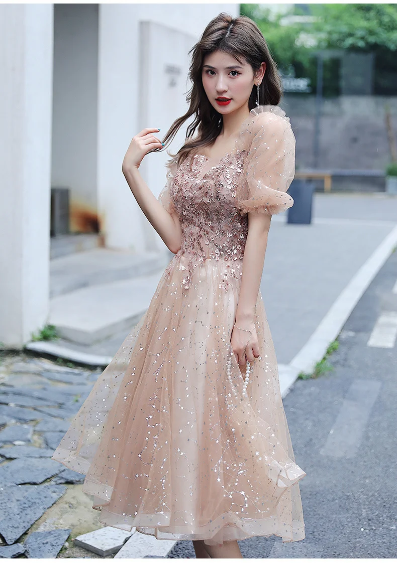 Sequined Tulle Prom Gowns For Graduation Party Elegant Square Neck A-line Tea-length Luxury Appliques Women Formal Dresses cute prom dresses