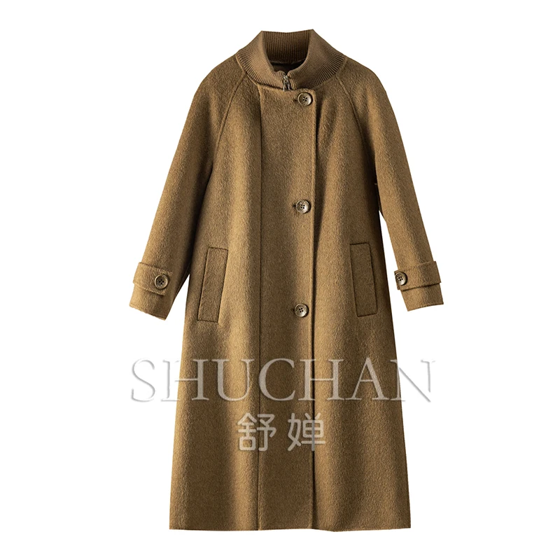 

Shuchan 90% Wool 10% Camel Long Coats and Jackets Women Appliques Stand Collar Casaco Feminino Abrigos Mujer Invierno 2023