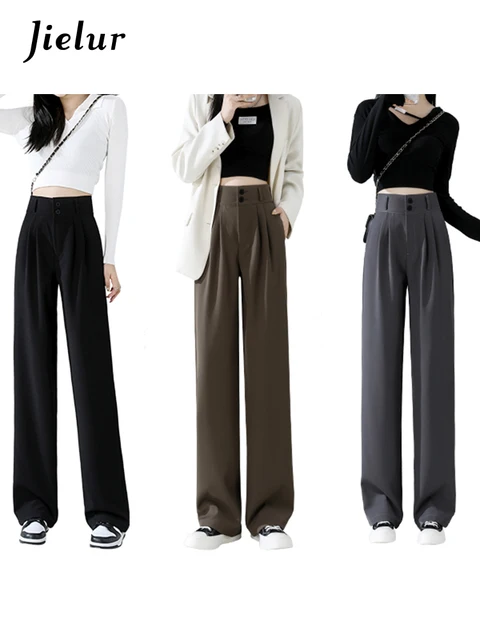 Jielur High Waist Wide Leg Pants for Women New Loose Straight Coffee Trousers Autumn Double Buttons Casual Suit Pants Female 2