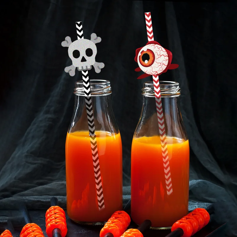 24Pcs Halloween Straw Party Decorations Skull Spider Water Cup Drink Decor with Disposable Straws Cocktail Straw Juice Tubes