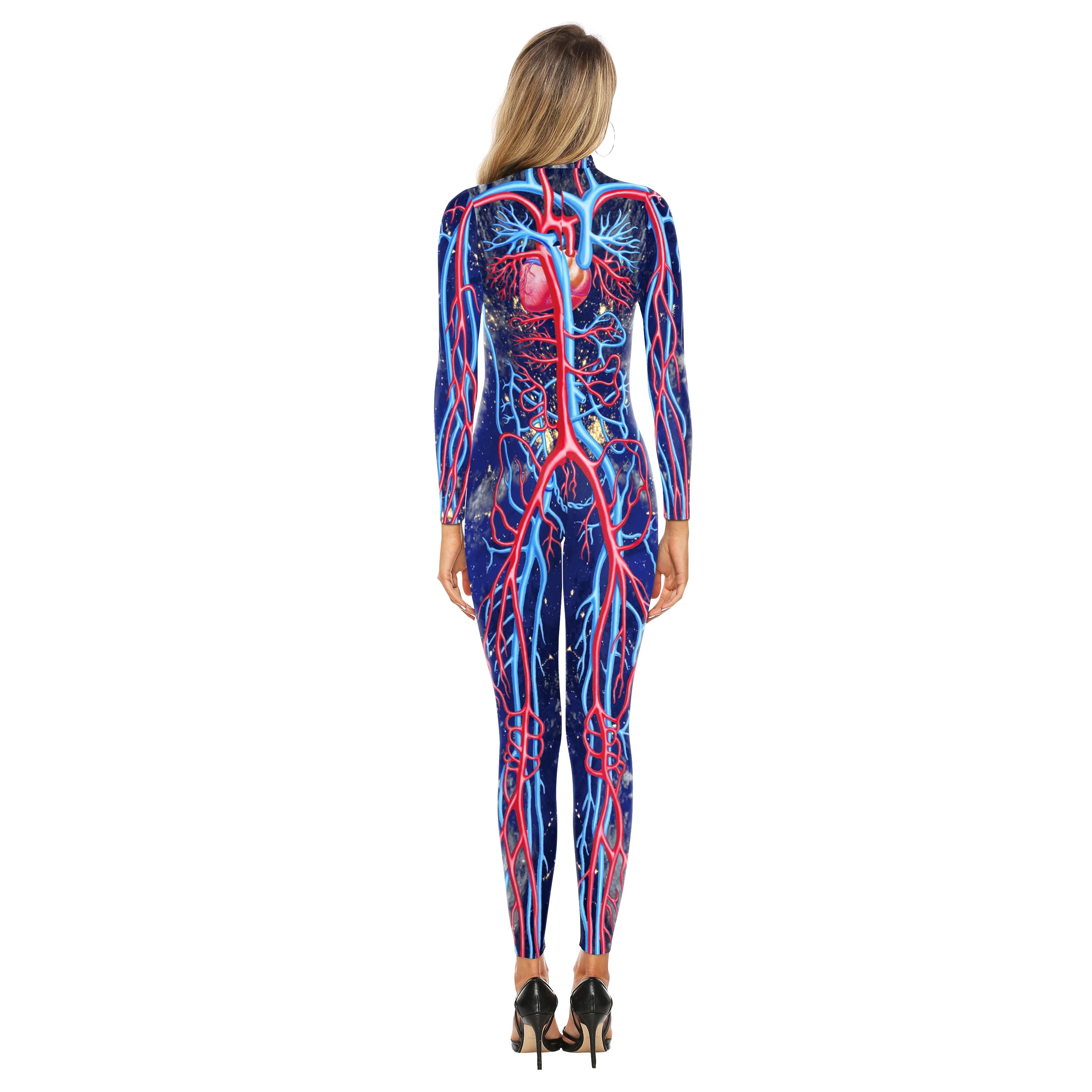 Human Cardiac Vascular Jumpsuit Carnival Party Bodysuit Funny Catsuit Long Sleeve Jumpsuit Human Anatomy Pattern Cosplay Costume