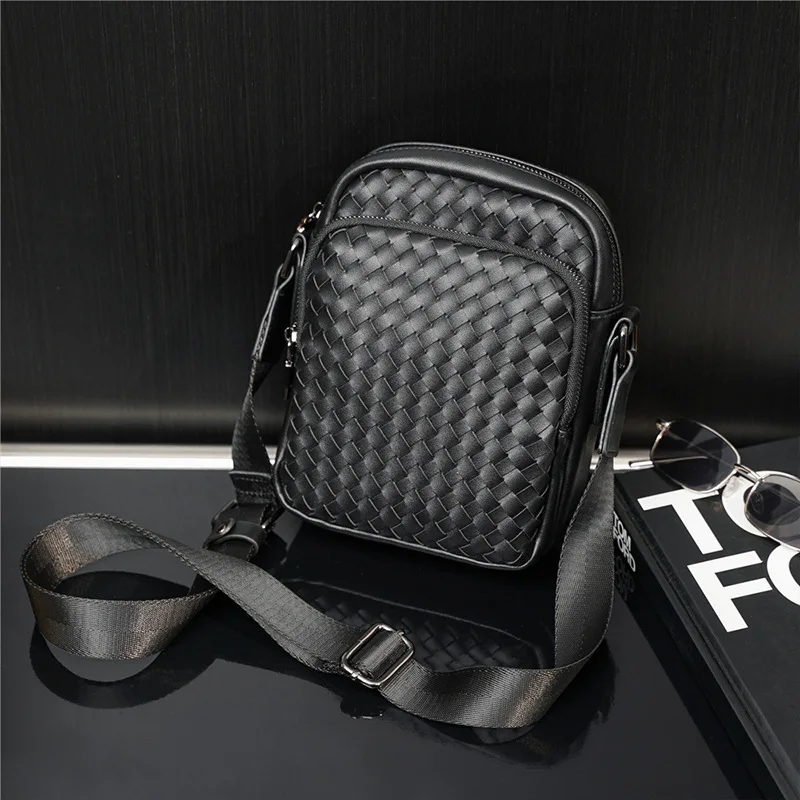 Woven Men Crossbody Bags Fashion Male Shoulder Bags Leather Man Phone Bag Men Side