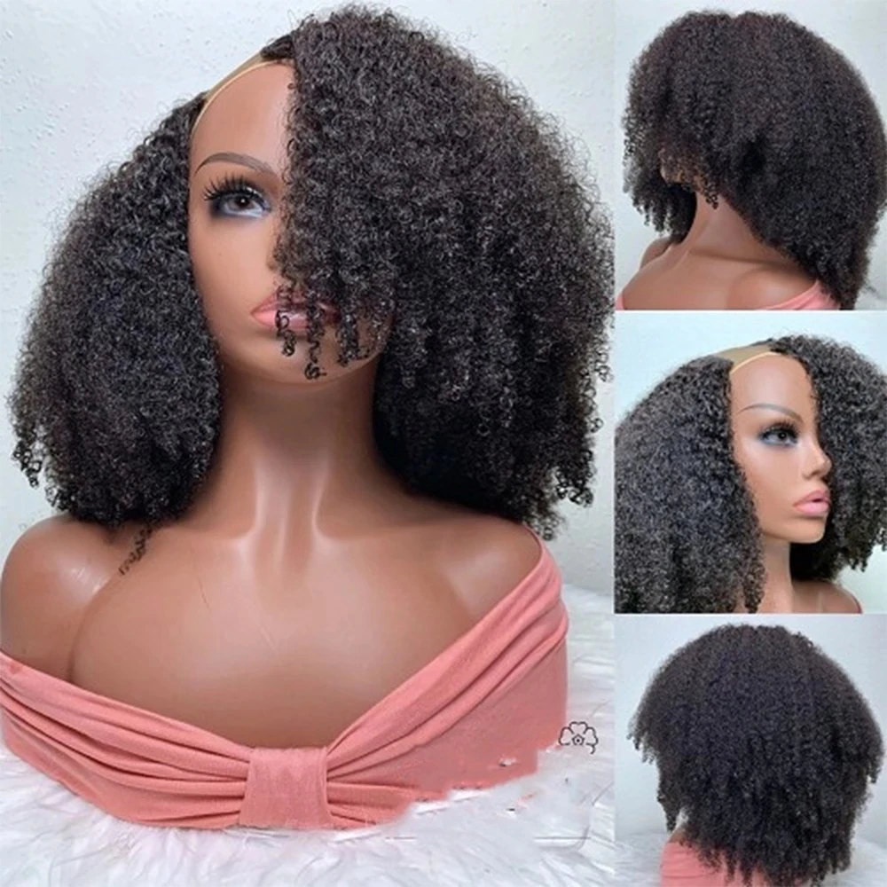 

Glueless 4a Afro Kinky Curly V Part Wig 250%Density Unprocessed Human Hair U Part Wigs Jerry Curly Middle Part Full End Machine