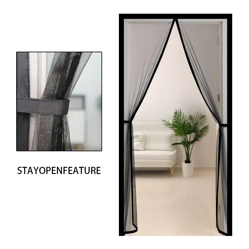 Stylish Black Magnetic Mosquito Screen Door Curtain, Durable Self-Adhesive Mesh with Secure Magnetic Closure, Ideal for Any Home