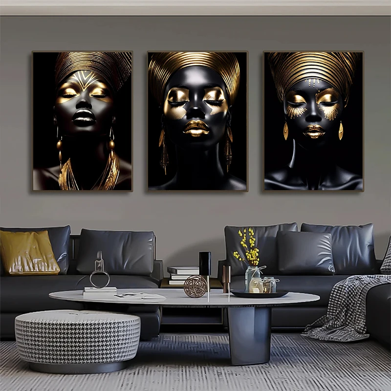 Elegant African Black and Gold Woman Portrait Canvas Art for Modern Living Room Decor