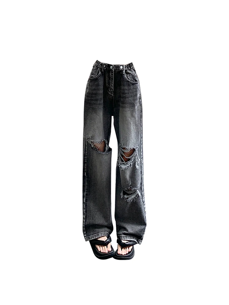

Summer 2023 Women's Black Gothic High Waist Ripped Jeans Vintage Streetwear Wide Leg Denim Trouser Straight Baggy Cowboy Pants