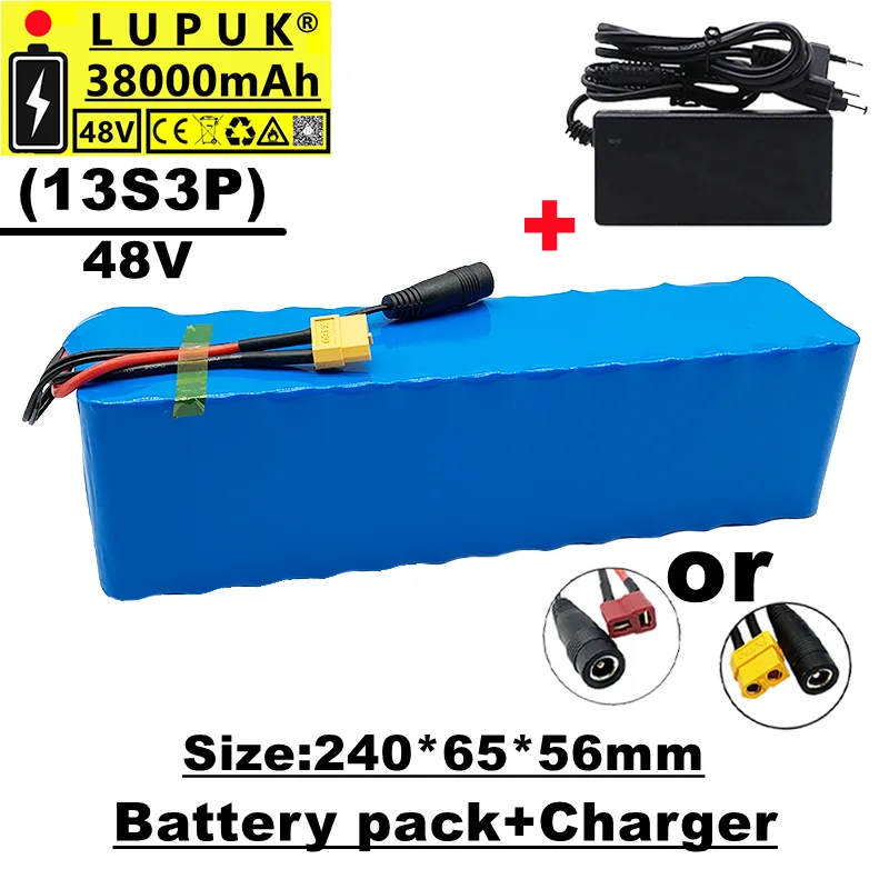 

New 48V 38Ah 500W 13s3p XT60 18650 38ah lithium ion battery pack, suitable for 54.6V electric bicycle,equipped with bms+ charger