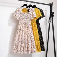 Printemps été robe en mousseline de soie femmes robes mi-longues femme à manches courtes taille élastique imprimé fleuri plissé dos nu tenue décontractée 1