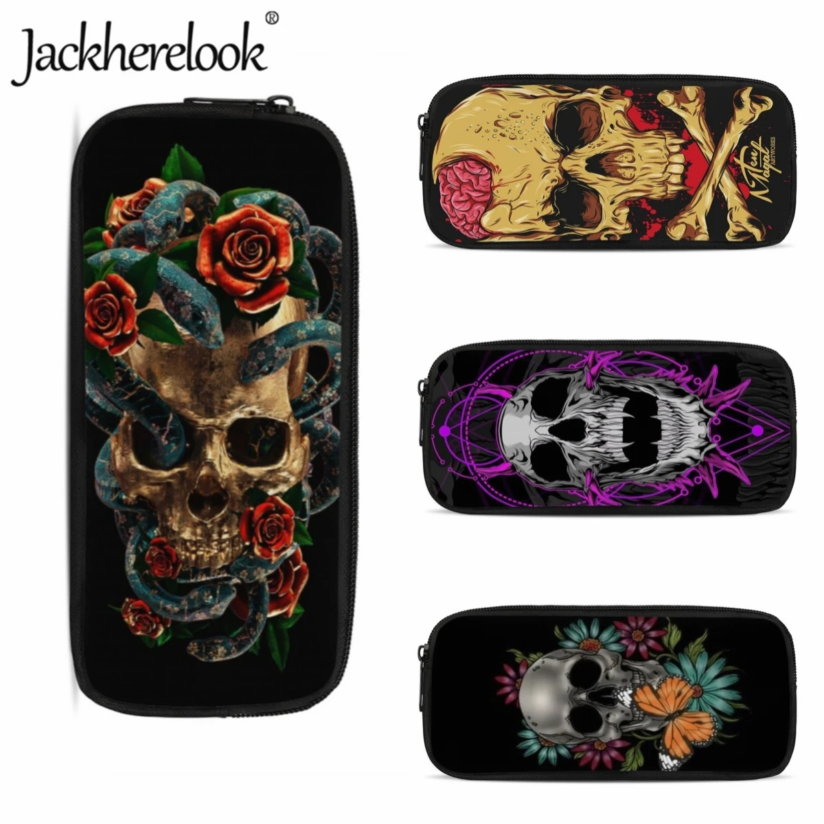 

Jackherelook Gothic Skull Design Pencil Case Boys Girls Makeup Bags Horror Style High Student School Supplies Pencil Pouch Bags