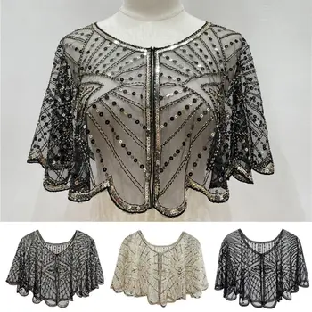 Vintage 1920s Flapper scialle con paillettes in rilievo mantello corto decorazione con perline Gatsby Party Mesh Short Cover Up Dress accessorio 1