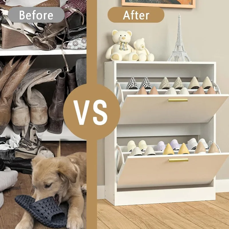 Shoe Cabinet with 2 Flip Drawers - Narrow Shoe Storage Cabinet for Entryway, Freestanding Hidden Shoe Organizer 5