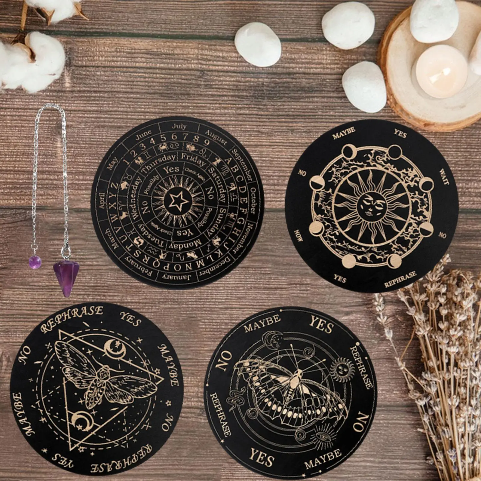 

4Pcs Dowsing Divination Board Set with Crystal Necklace Round Wooden Wiccan Altar Supplies Card Altar Stand Wooden Carven Board