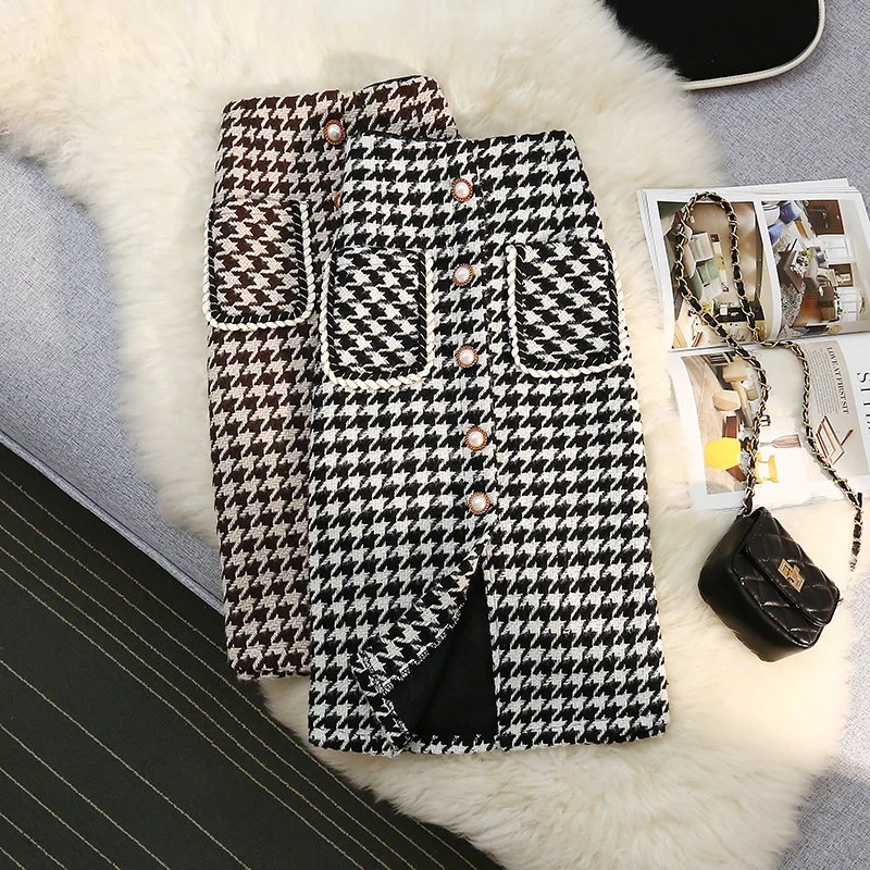 

Autumn Winter Plaid Skirts Women Pearls Buttons Long Straight Skirt Vintage Houndstooth Pencil Skirt Bodycorn Harajuku Office