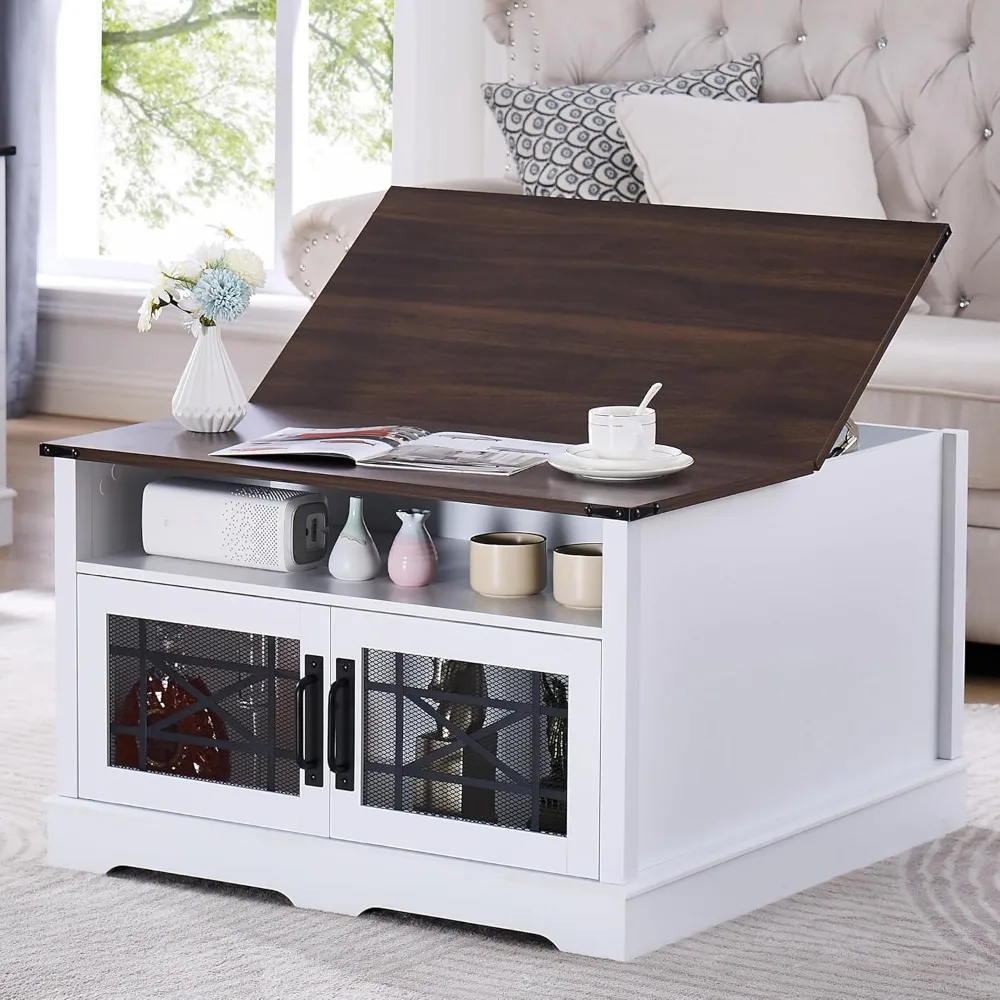 Square Coffee Table, Farmhouse Coffee Tables for Living Room, Wood Coffee Table with Storage, White Coffee Table with Hidden 2