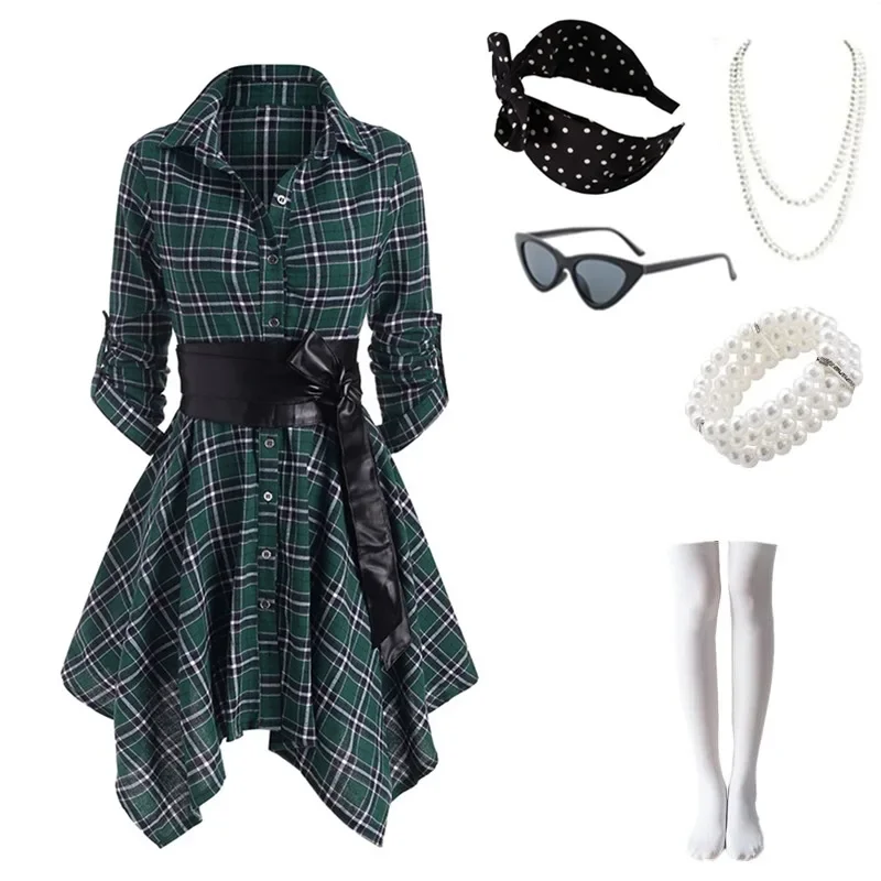 

Gothic Casual Dress Women Red Plaid Belted Roll Tab Sleeve Handkerchief Dress Vestidos Autumn Long Sleeve A-Line Party Dress