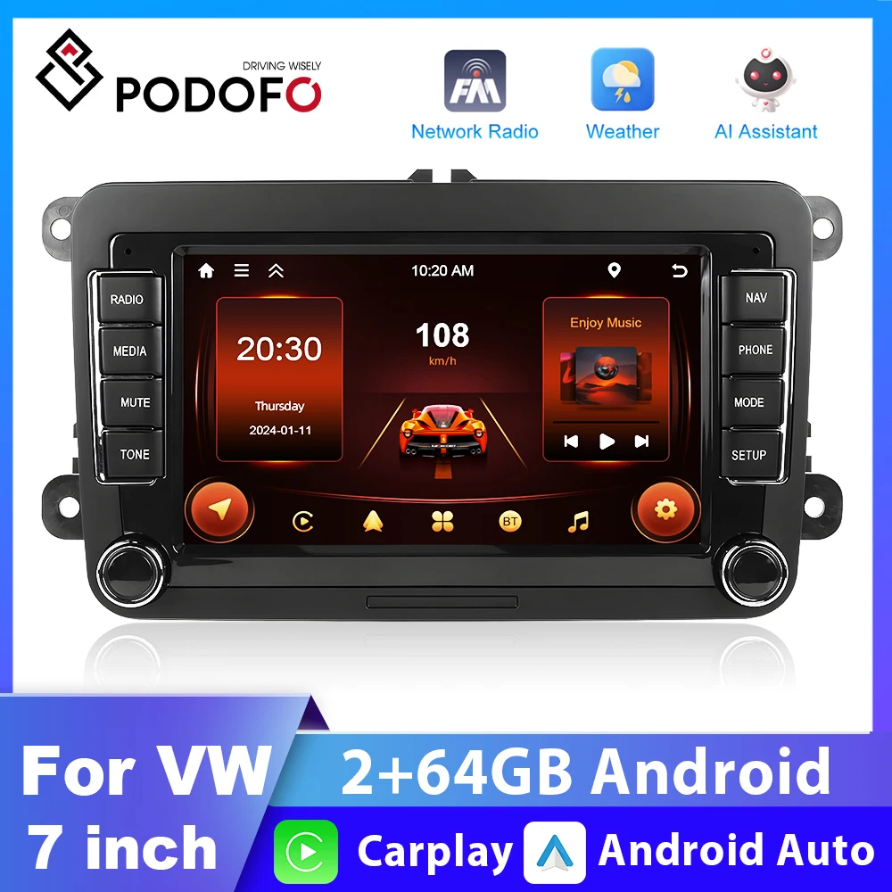 Podofo Android 2Din Gps Autoradio 7 ''Touch Screen Lettore Video Per Auto Con Ricevitore Radio Fm Gps Bluetooth Per Vw Seat Polo