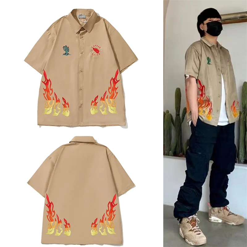 

2023ss Travis New Spring And Summer Cactus Flame Embroidered High-Quality Men's And Women's Casual Short-Sleeved Shirts