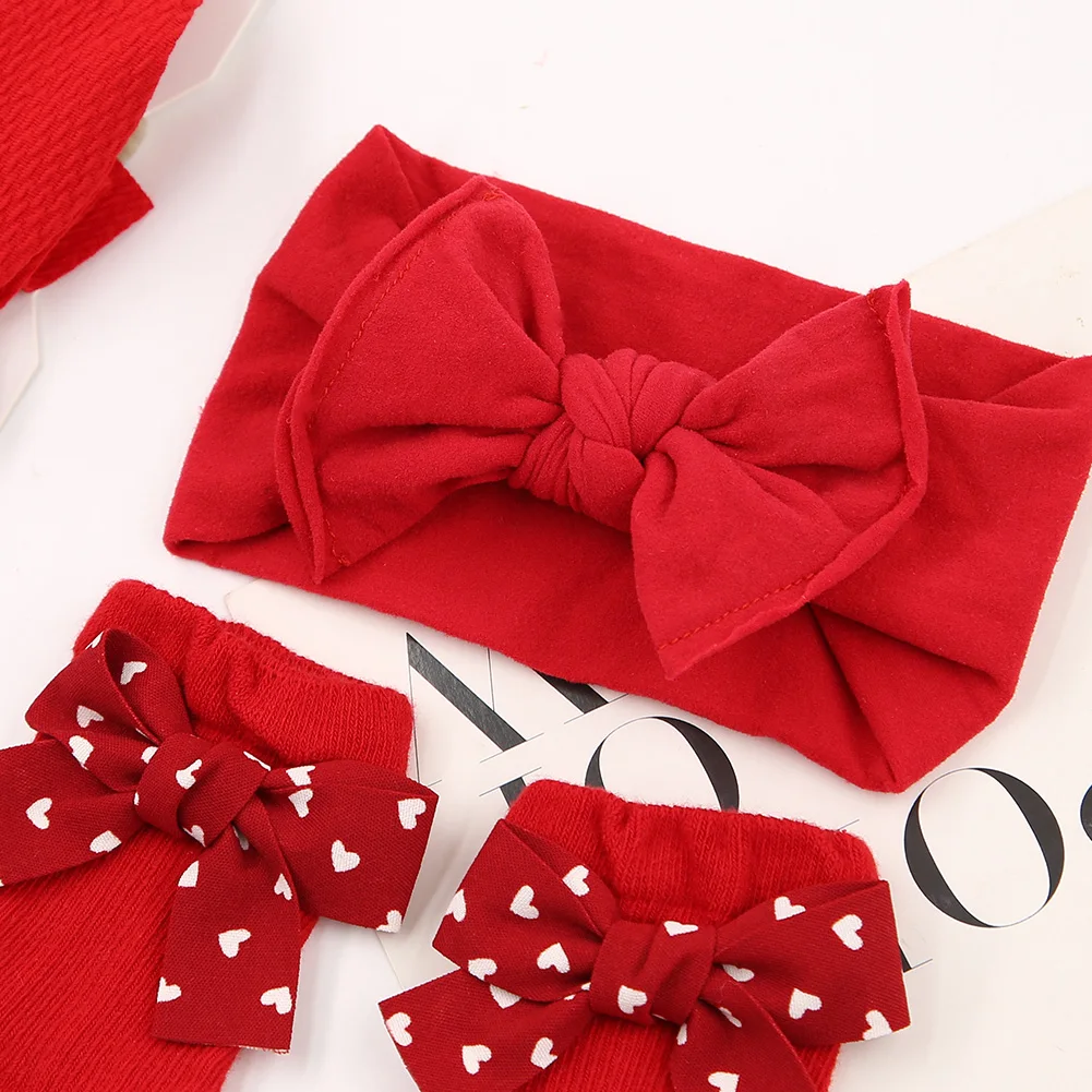 3Pcs/Set Christmas Red Bow Baby Headbands Long Knee Socks Dot