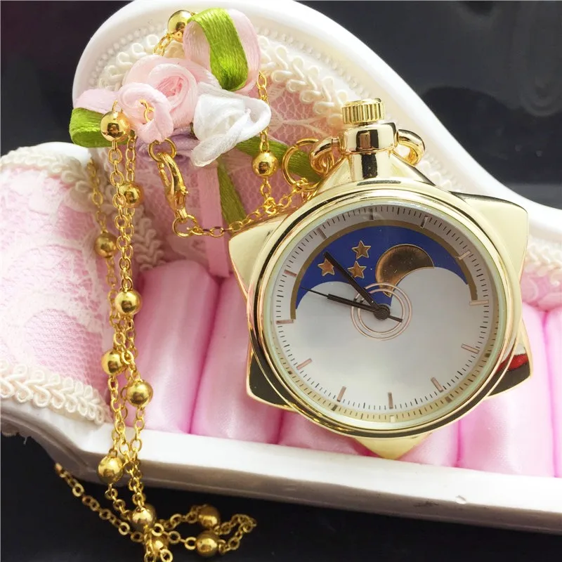Moon Star Crystal Pocket Watch Yellow Vintage Pendant Necklace Clock Chain Gifts For Mens Women