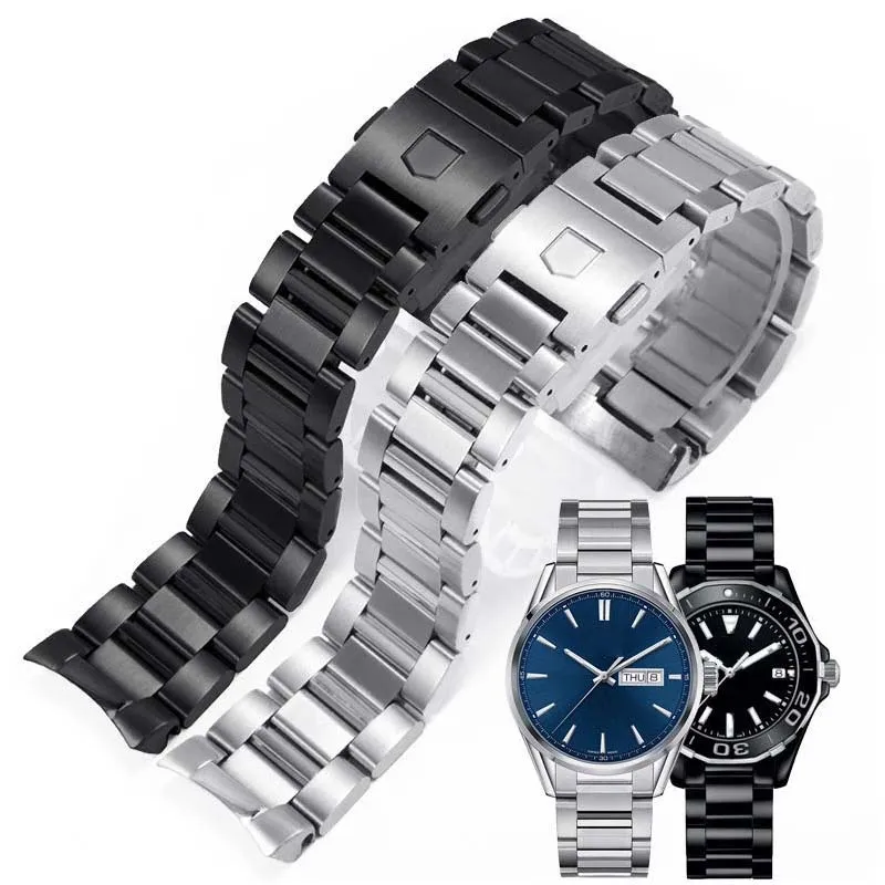 

Высококачественный серебристый черный браслет для часов из нержавеющей стали, браслеты с изогнутым концом, однотонные звенья, 22 мм, для часов из стали, мужские ремешки