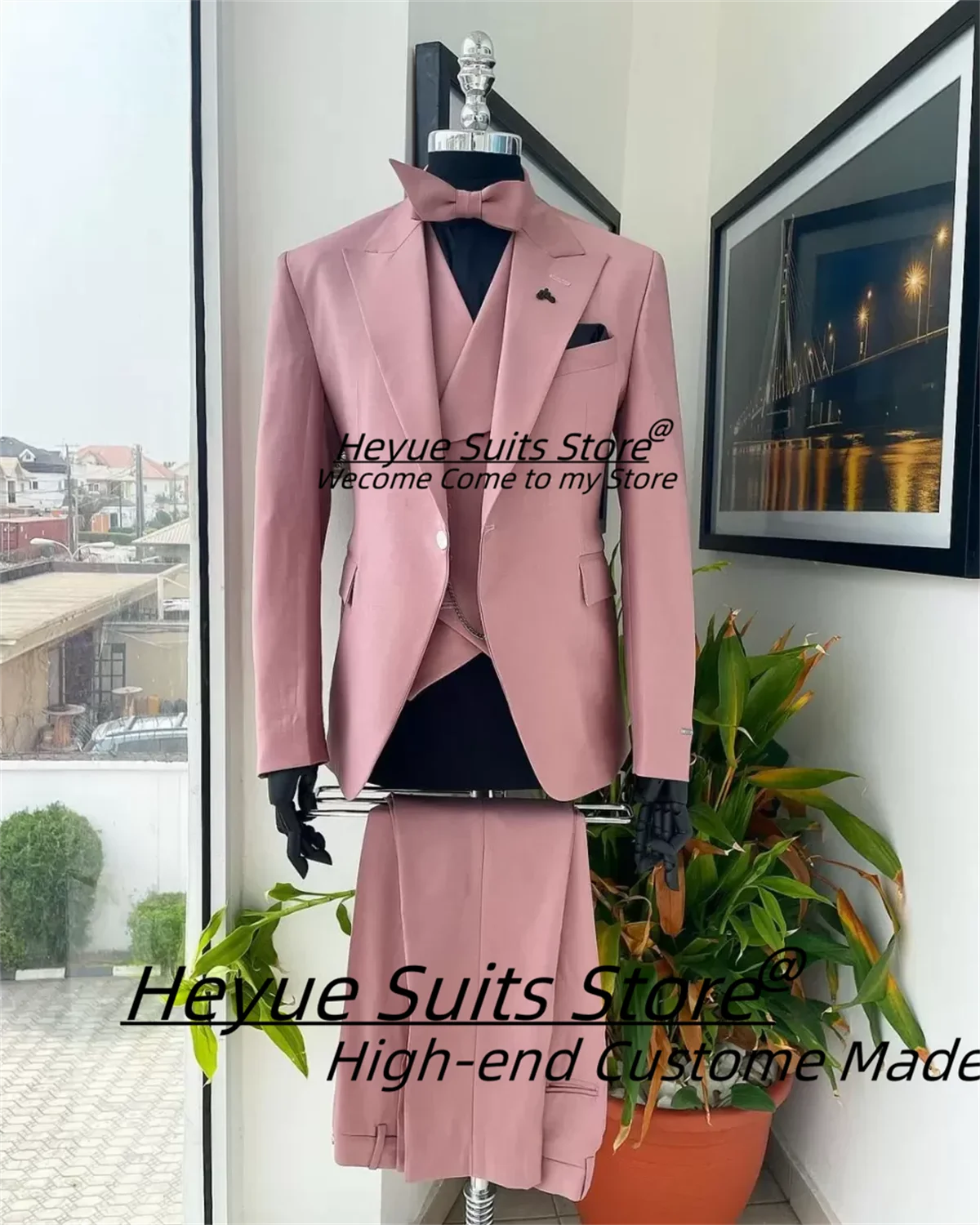 Elegant Pink High-end Men Suits Slim Fit Peak Lapel Groom Wedding Tuxedos 3 Pieces Sets Business Male Blazers Costume Homme