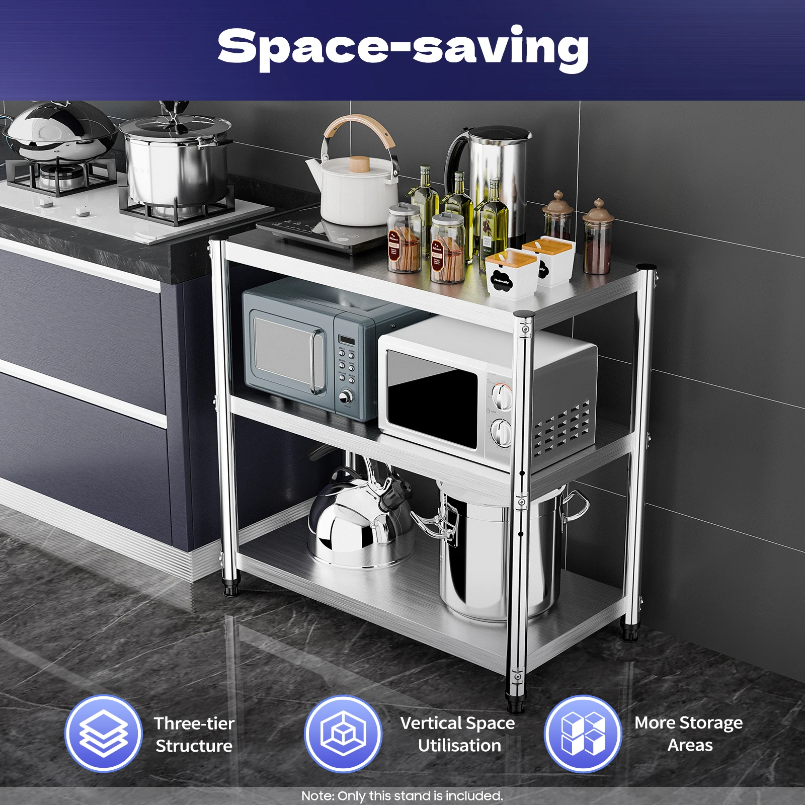 3 Tiers Kitchen Shelf Shelving Rack Restaurant Shelves Rack Stainless Steel Storage Organizer 80X40cm