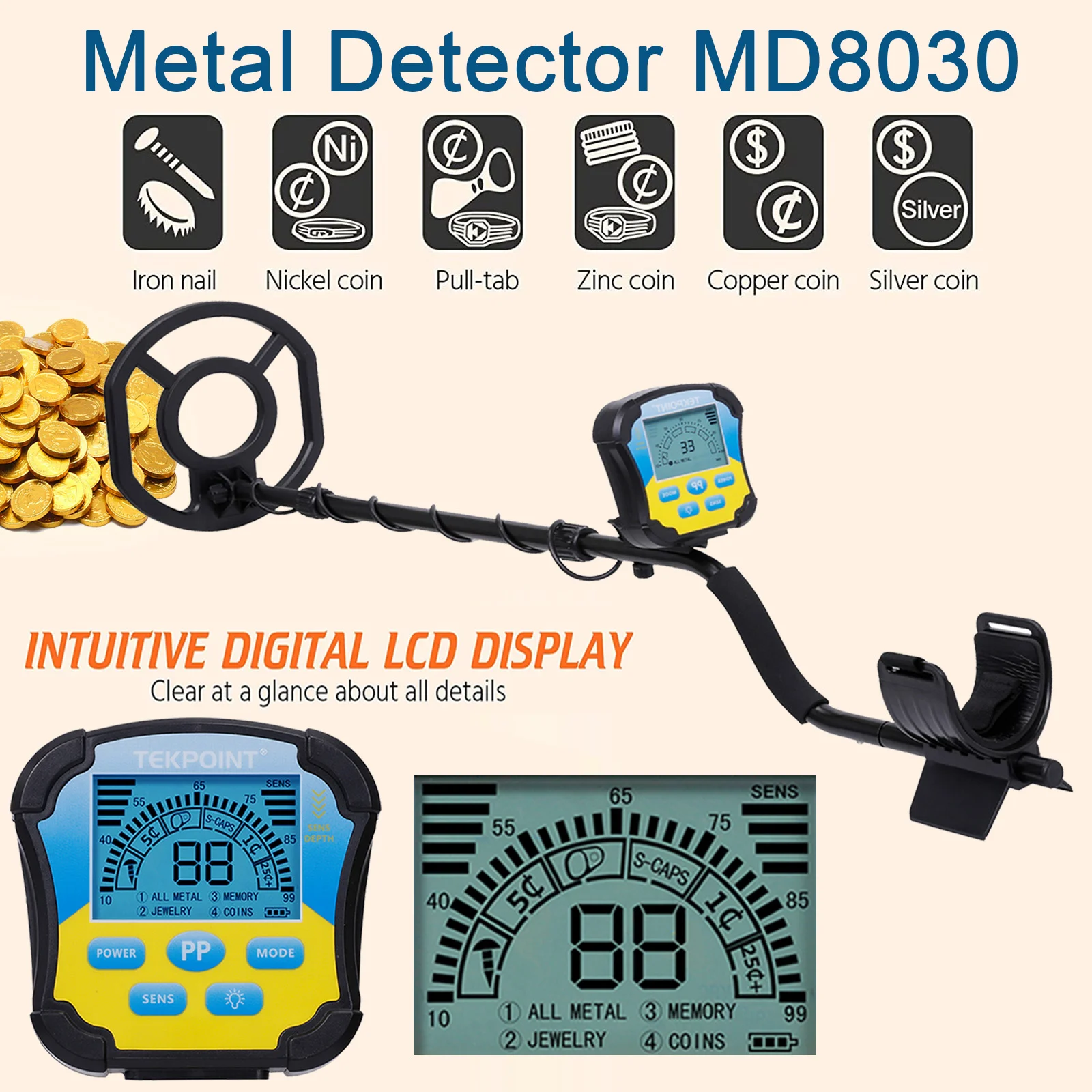 

MD8030 Waterproof Adjustable Pinpoint Metal Detector with Big LCD Display, 4 Detection Functions 10" Waterproof Search Coil