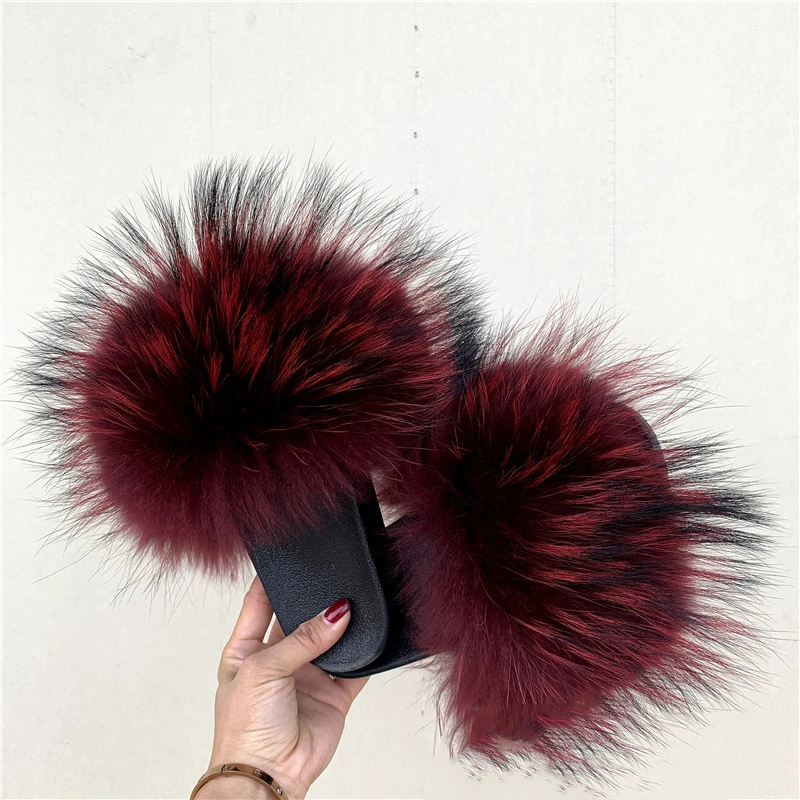 Natural Raccoon Fur Slippers Women Summer Home Slides Fluffy Furry Flip Flops Indoor Outdoor Flat Beach Sandals 5