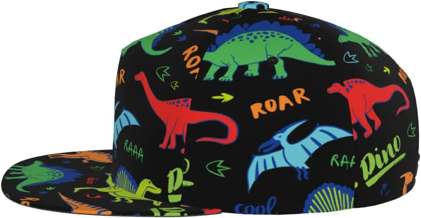 Dinosaur Flat Bill Hat, Unisex Snapback Baseball Cap Hip Hop Style Flat Visor Blank Adjustable 3
