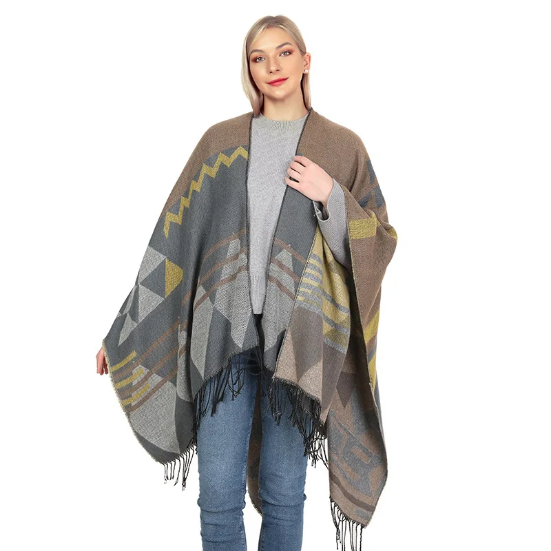 Autumn Winter Geometric pattern tassel Double sided Split Warm Cape Women Imitation Cashmere  Poncho Lady Capes  Cloaks pliad autumn diy photo album scrapbook hand account material paper card making background paper 6inch single sided pattern paper
