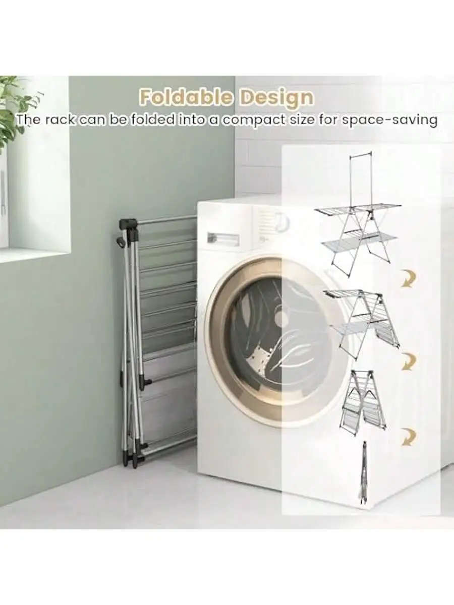 Clothes Drying Rack Stainless Steel Foldable Laundry Drying Rack with with 6-Level Adjustable Height High Hanger Design 2