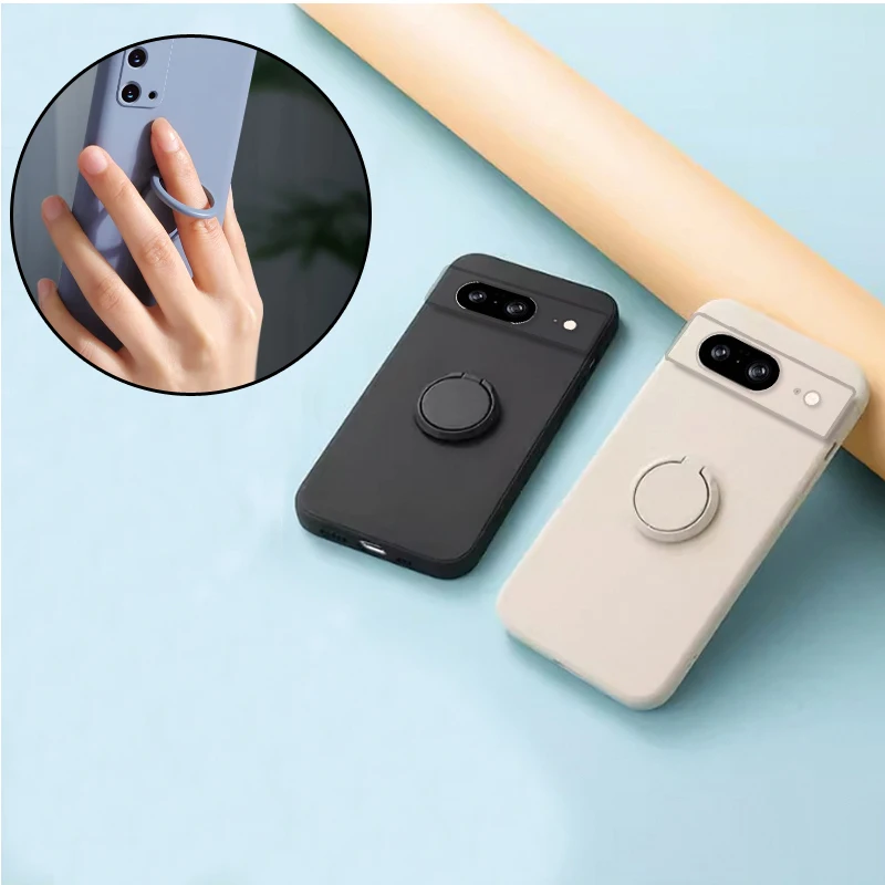 Silicone Back Cover with Finger Ring Stand and Camera Lens Protection – Solid Color Soft Phone Case
