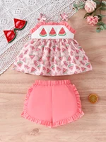 Baby Girl Popular Watermelon Butterfly Bow Strap Ruffle Straight-Leg Skirt Set