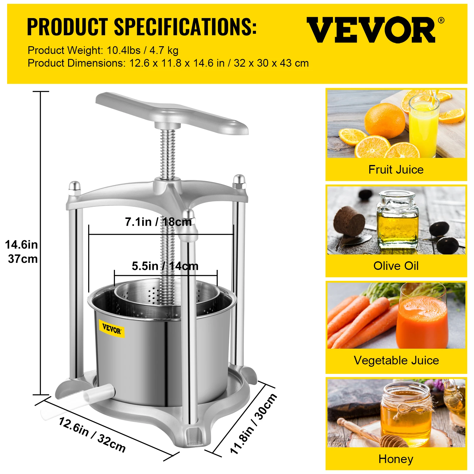 VEVOR Pressoir à Vin Manuel 3 L Pressoir à Fruit Raisin 320 x 300 x 370 mm  Presseur Extracteur de Jus Multifonction INOX pour Vinification et  Extraction Huile Olive Pressage Fromage Légumes à Maison