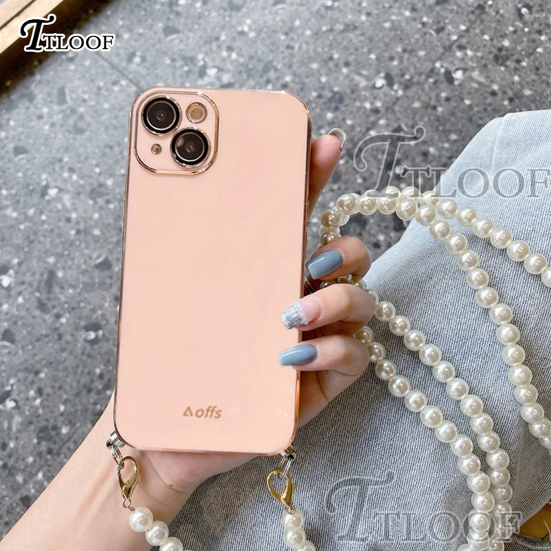 Pearl Crossbody Lanyard Strap Chain Phone Case For iPhone 14 15 13 11 12 Pro Max Mini 8 7 Plus Xr X Xs Max SE 2020 Plating Cover