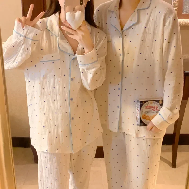 

Round Pajama Sleep Tops Set Color Long Women Winter Sleeve Dot Home Korean Couple Autumn Elegant Cotton Simple Lovers Kawaii