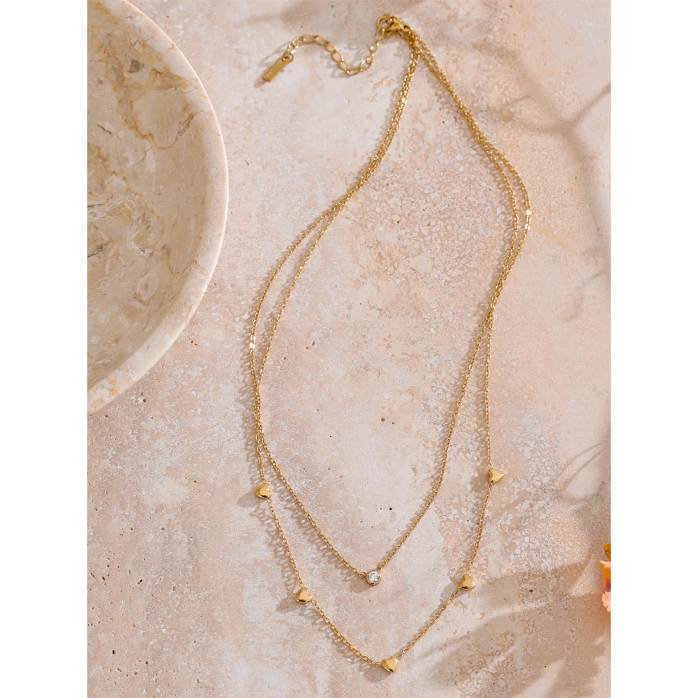 Yhpup Double Layer Zirconia Heart Necklace