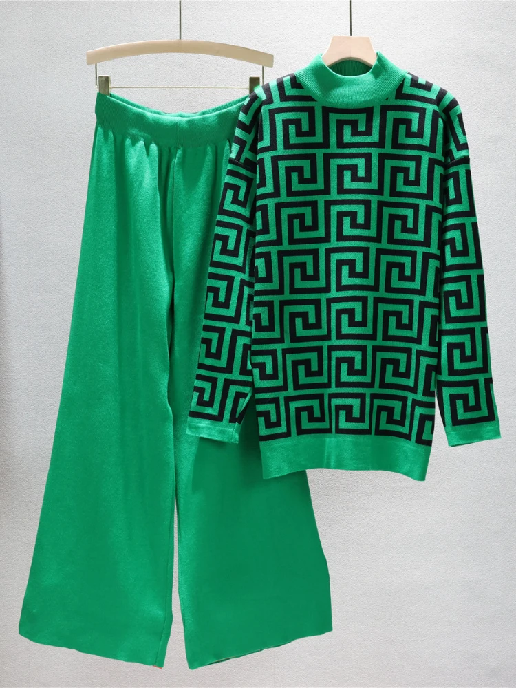 

Elegant Woman Pants Set Autumn Fashion Knitted Sweater Wide Leg Pants Simplicity Stripe Pattern Green Womens 2 Piece Outfit Set